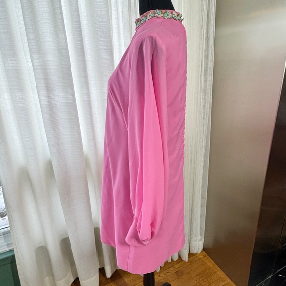Vintage 1960s dress, bouffant sleeves, bubblegum pink, embroidered trim, 8 (Med) - Picture 7 of 11